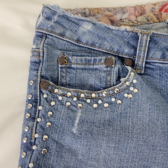 Leo Roma Juniors Jeans 7 Low Rise Capri Womens Studded Distressed Blue Denim - Picture 11 of 16